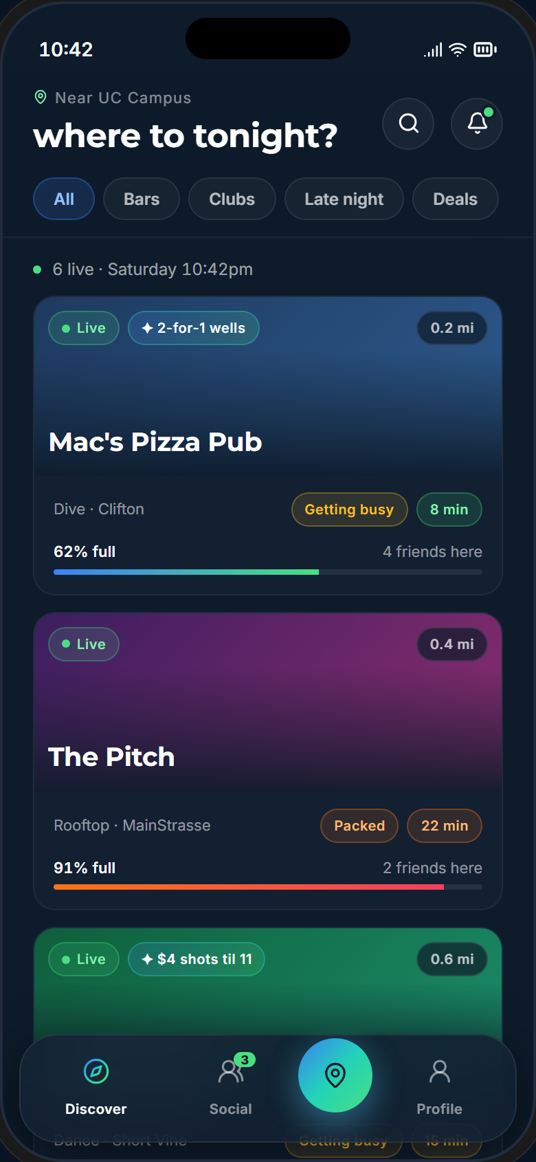 Chaser Discover feed showing live bars near UC Campus with wait times and crowd levels