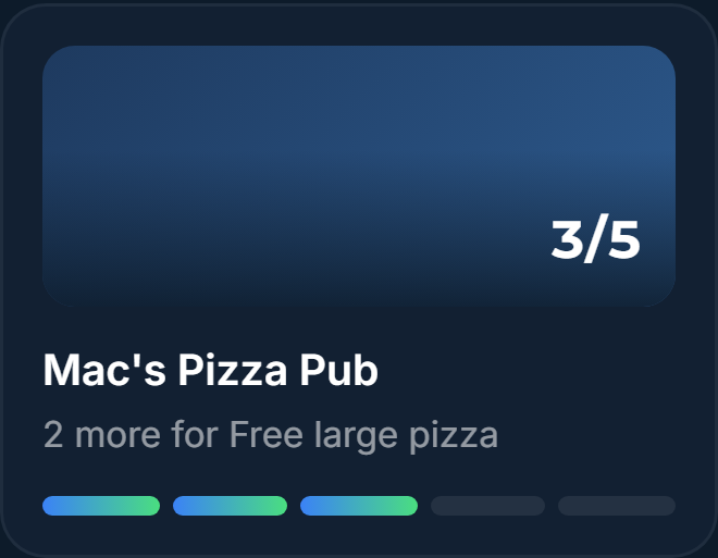 Chaser bar card for Mac's Pizza Pub showing 3 of 5 stamps earned, 2 more for a free large pizza