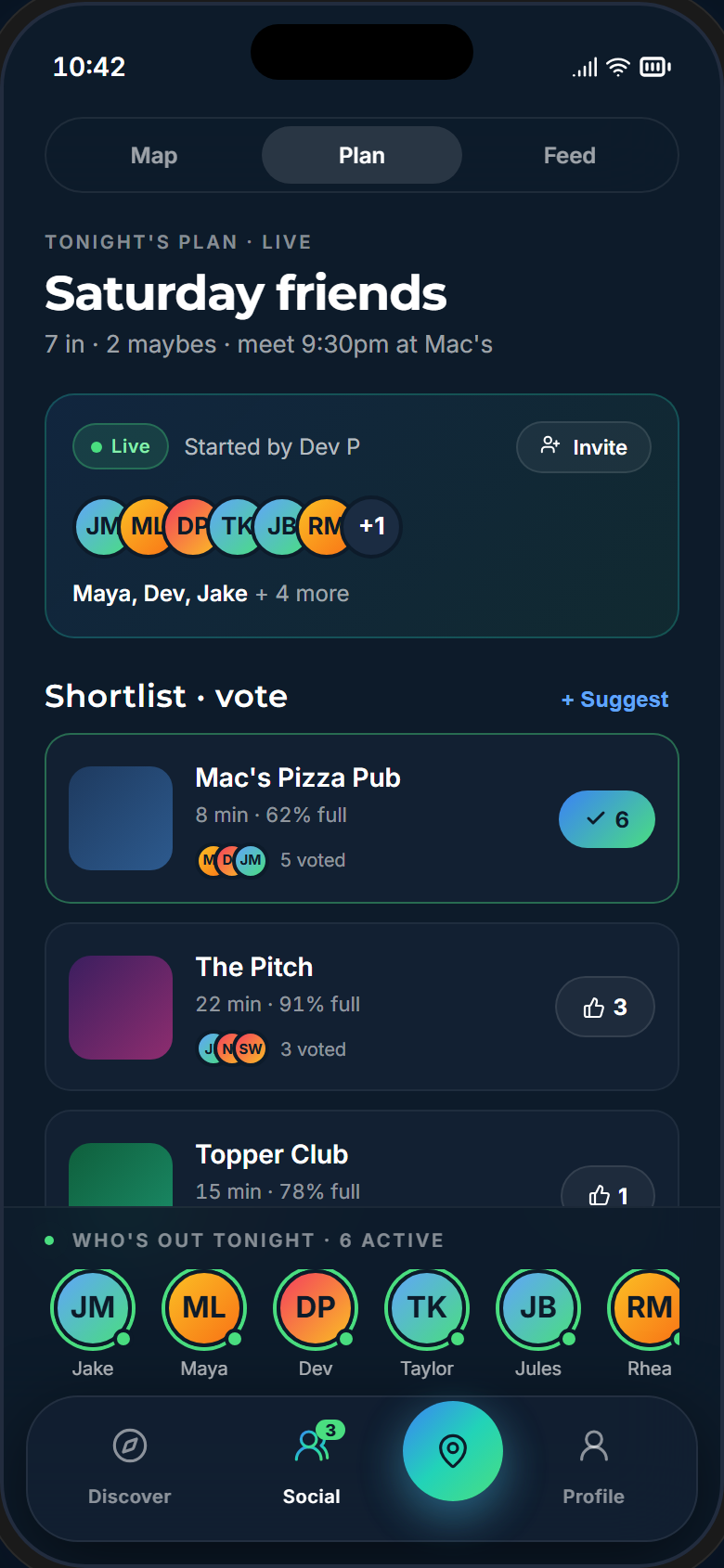 Chaser Plan tab showing a Saturday group plan with venue shortlist voting and friends who are out tonight