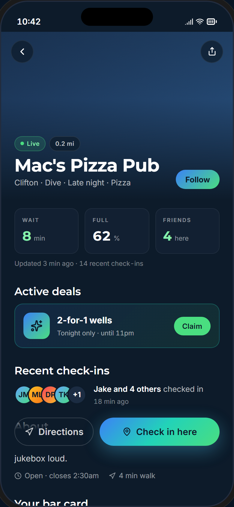 Chaser venue page for Mac's Pizza Pub showing live wait time, crowd level, an active 2-for-1 wells deal, and check-in